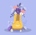 Illustration on the theme of spring, flowers, floristry. shoe in which flowers grow.